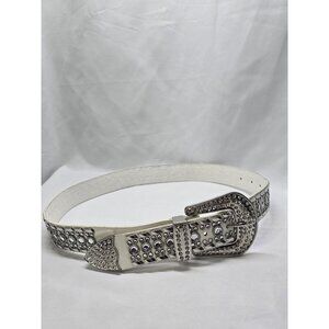 Women's Western Belt White Rhinestone Silver Buckle Studded 41"- FLAWS READ